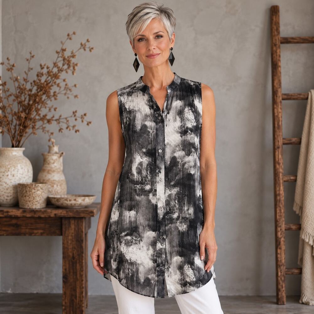 Eileen Fisher Silk Gray White Sleeveless Blouse  Top Medium